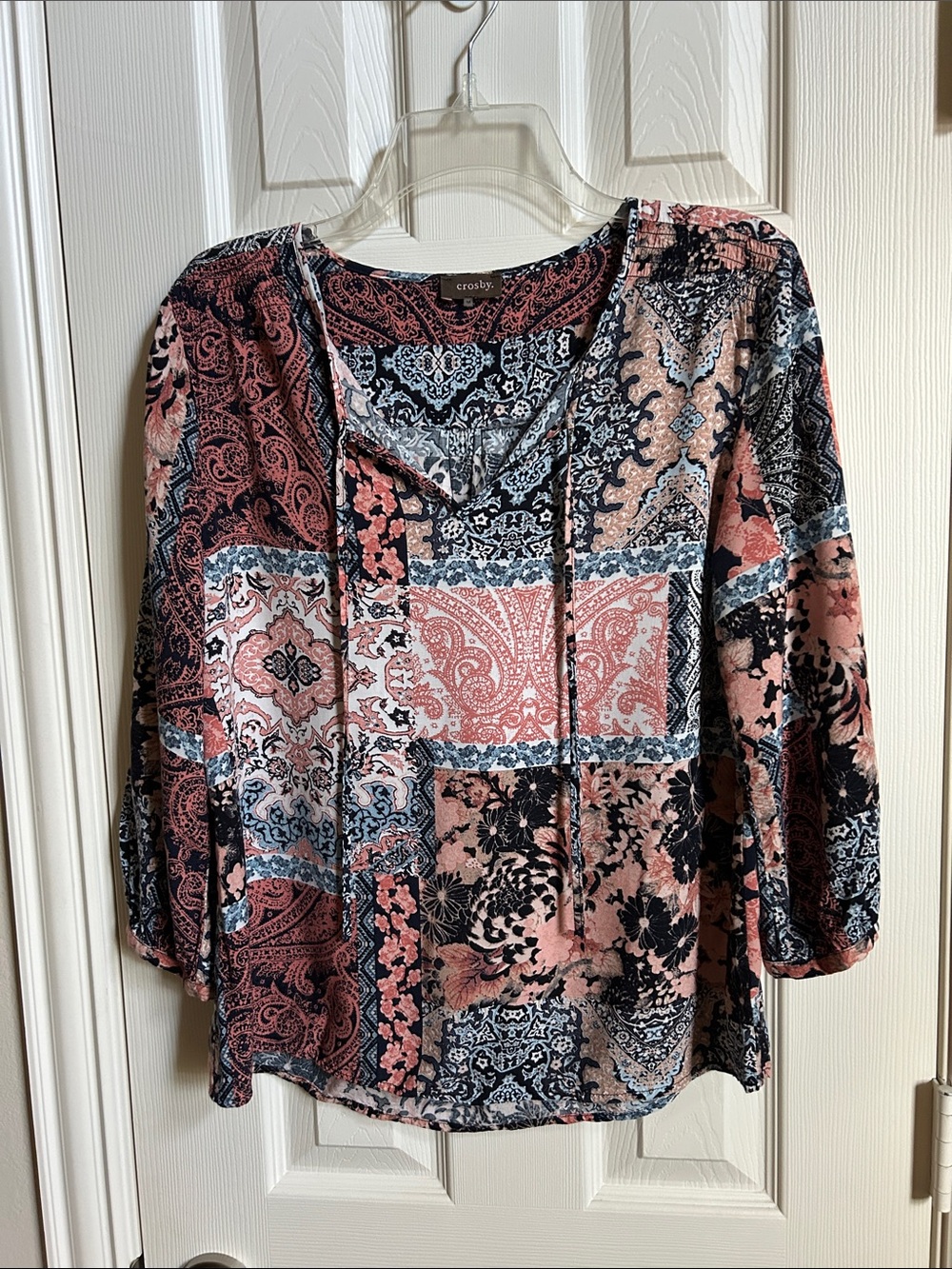 Crosby. Pink and Navy Patchwork Paisley Peasant Blouse